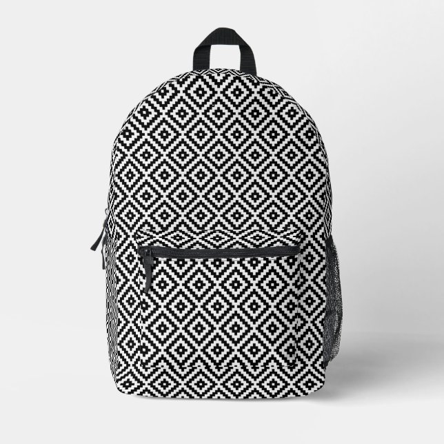 Aztec Block Pattern Black+White I Printed Backpack (Front)