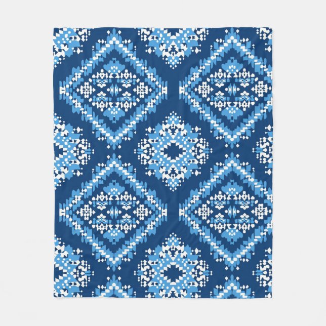 Aztec Blue Knitted Geometric Art Fleece Blanket (Front)