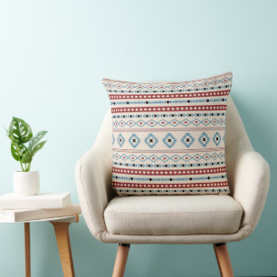 Aztec Blue Red Black Cream Mixed Motifs Pattern Cushion