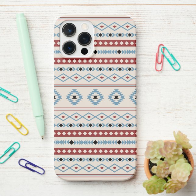 Aztec Blue Red Black Cream Mixed Motifs Pattern iPhone Case (On Desk)