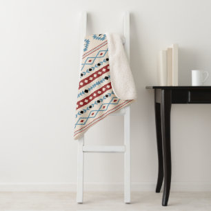 Aztec Blue Red Black Cream Mixed Motifs Pattern Sherpa Blanket