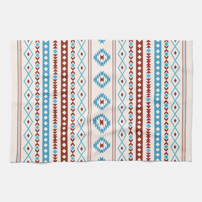 Aztec Blues Red Cream Mixed Motifs Pattern Tea Towel (Horizontal)