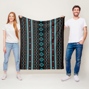 Aztec Blues Reds Black Mixed Motifs (H) Pattern Fleece Blanket