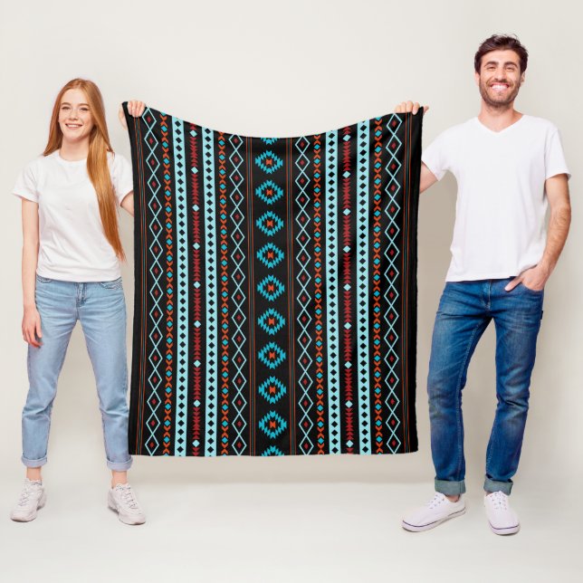 Aztec Blues Reds Black Mixed Motifs (H) Pattern Fleece Blanket (In Situ)