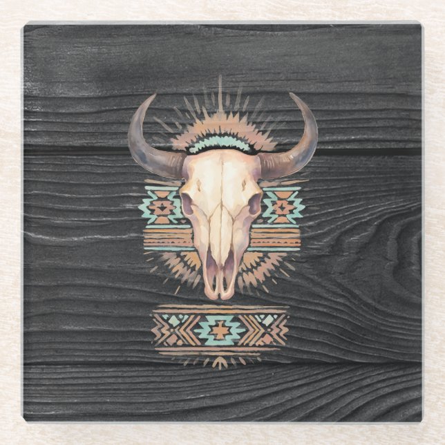 Aztec Boho Skull Glass Coaster (Front)