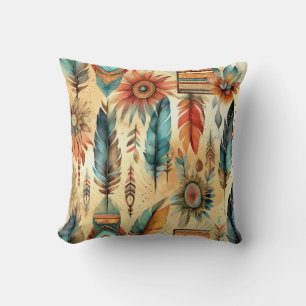 Aztec Boho Tribal Blue Feathers Cushion
