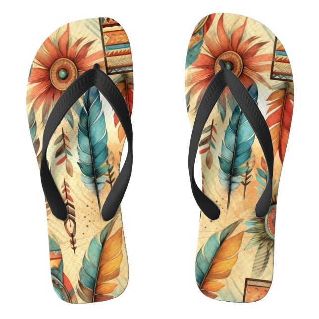 Aztec Boho Tribal Blue Feathers Flip Flops (Footbed)