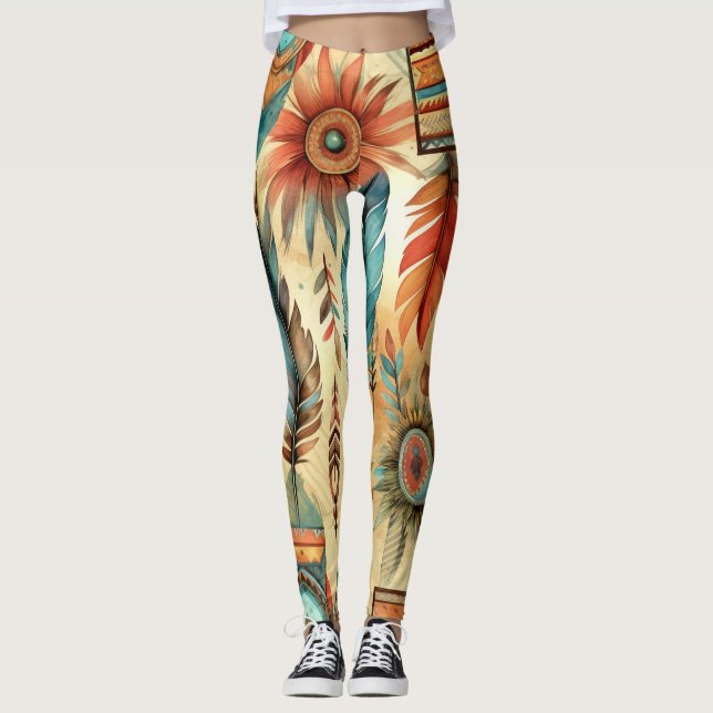 Aztec Boho Tribal Blue Feathers Leggings (Front)