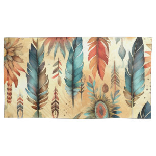 Aztec Boho Tribal Blue Feathers Pillowcase