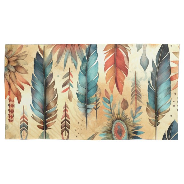 Aztec Boho Tribal Blue Feathers Pillowcase (Front-Left)