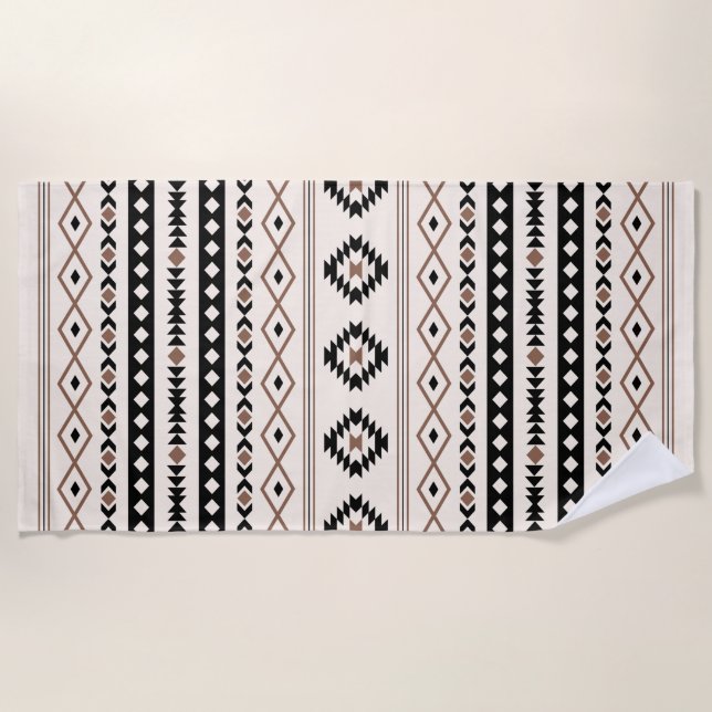 Aztec Brown Black Cream Mixed Motifs Pattern Beach Towel (Front)