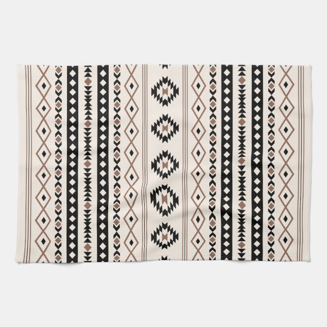 Aztec Brown Black Cream Mixed Motifs Pattern Tea Towel (Horizontal)
