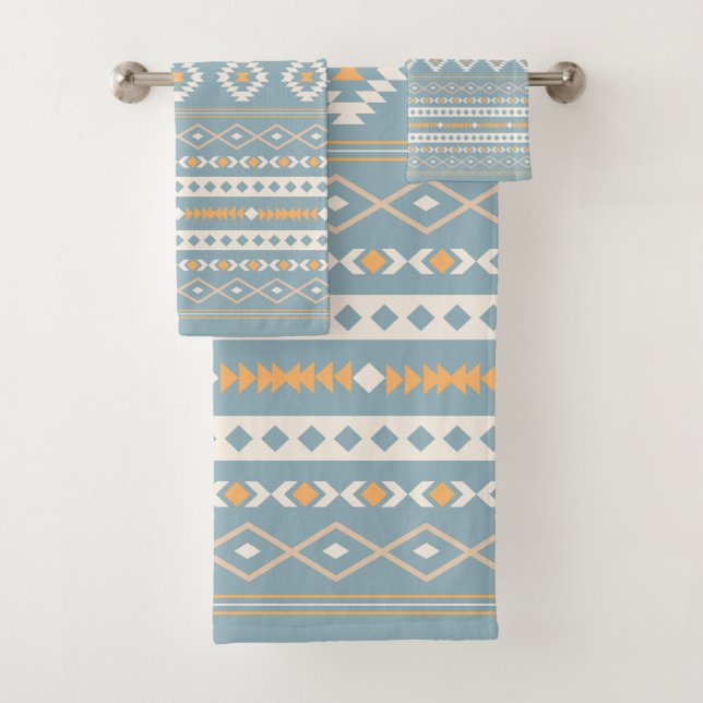 Aztec Cream Orange Blue Mixed Motif Pattern Bath Towel Set (Insitu)
