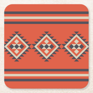 Aztec design in orange, beige and blue colours  square paper coaster