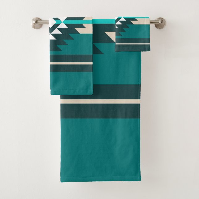Aztec design in turquoise colour bath towel set (Insitu)