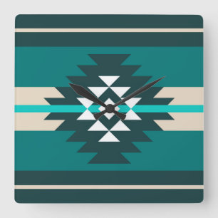 Aztec design in turquoise colour square wall clock