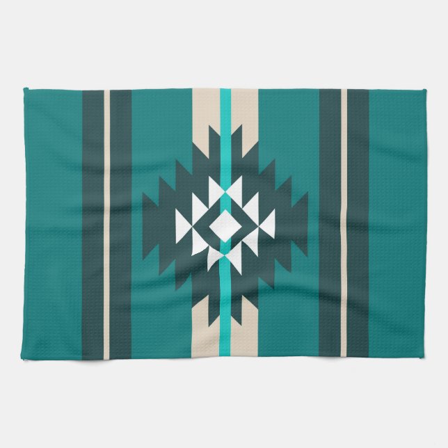Aztec design in turquoise colour tea towel (Horizontal)
