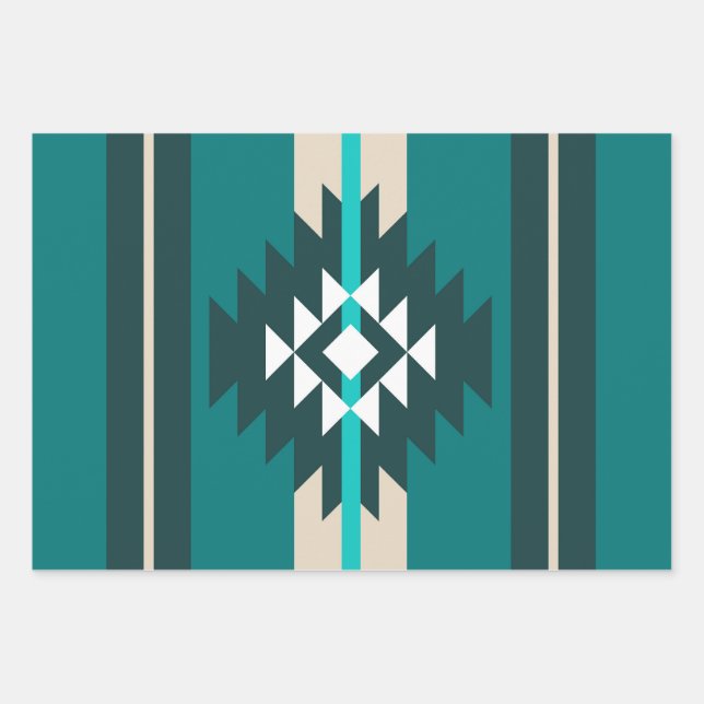 Aztec design in turquoise colour wrapping paper sheet (Front)