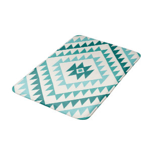 Aztec Diamond Motif Design Teals & Cream Bath Mat
