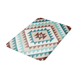 Aztec Diamond Motif Design Teals Creams Browns Bath Mat