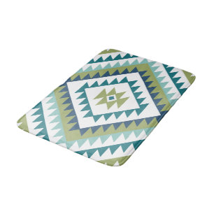Aztec Diamond Motif Design Teals Lime Blue White Bath Mat