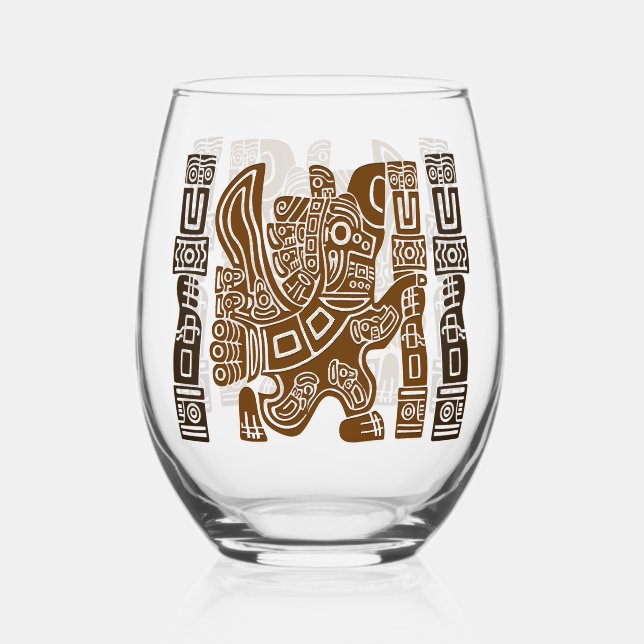 Aztec Eagle Warrior Tribal Ancient Art Stemless Wine Glass (Front)