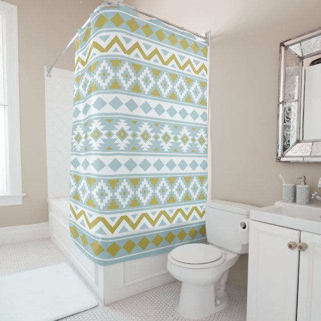 Aztec Essence Ptn IIIb Gold White & Duck Egg Blue Shower Curtain (In Situ)