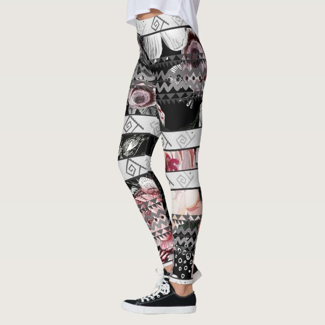 Aztec Floral Pink Purple and Black  Rose Pattern Leggings (Left)