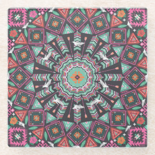 Aztec Geometric: Colourful Circle Pattern Glass Coaster