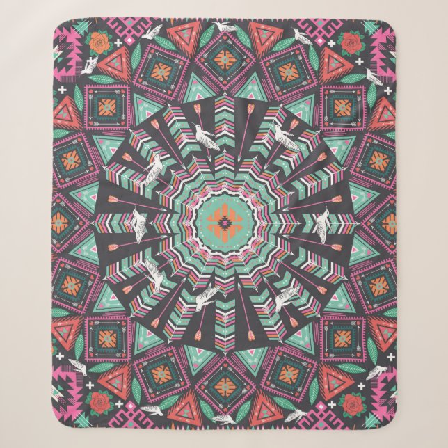 Aztec Geometric: Colourful Circle Pattern Sherpa Blanket (Front)