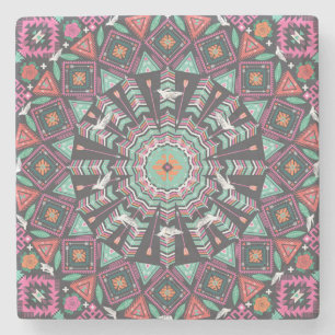 Aztec Geometric: Colourful Circle Pattern Stone Coaster