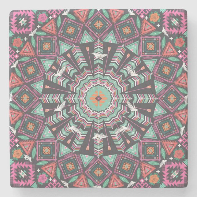 Aztec Geometric: Colourful Circle Pattern Stone Coaster (Front)