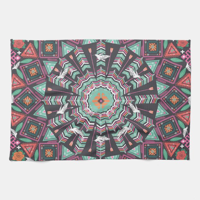 Aztec Geometric: Colourful Circle Pattern Tea Towel (Horizontal)