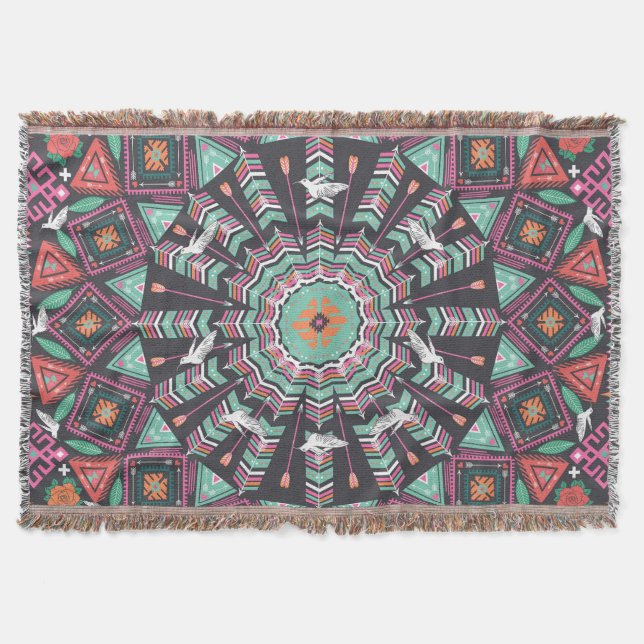Aztec Geometric: Colourful Circle Pattern Throw Blanket (Front)