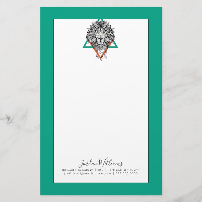 Aztec Geometric Lion Portrait | Add Your Name Stationery (Front)