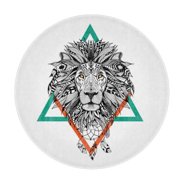 Aztec Geometric Lion Portrait Cutting Board (Front)