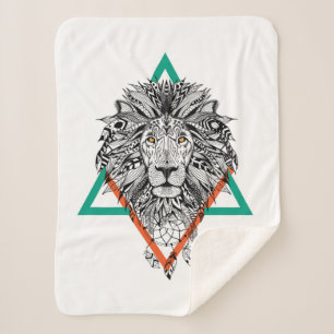 Aztec Geometric Lion Portrait Sherpa Blanket