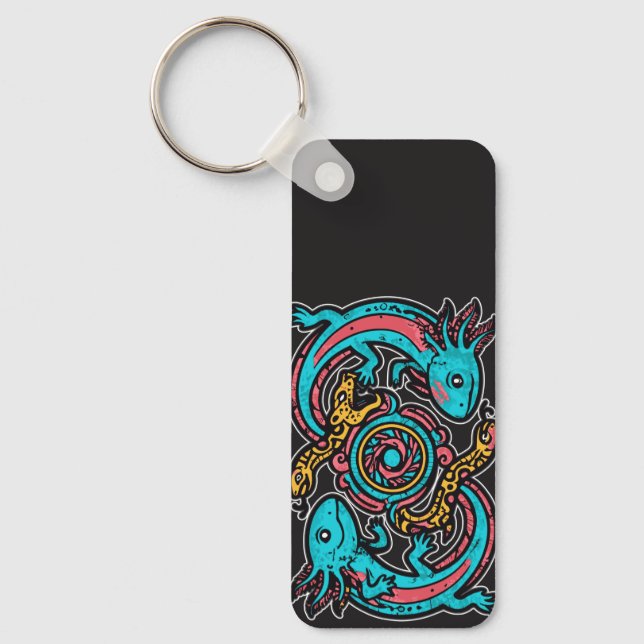 Aztec God Xolotl Fighting Jaguar Battle Tribal Art Key Ring (Front)
