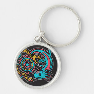 Aztec God Xolotl Fighting Jaguar Battle Tribal Art Key Ring