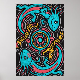 Aztec God Xolotl Fighting Jaguar Battle Tribal Art Poster
