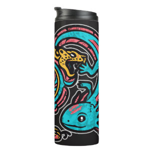 Aztec God Xolotl Fighting Jaguar Battle Tribal Art Thermal Tumbler