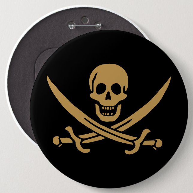 Aztec Gold Skull & Cutlass Pirate Calico Jack 6 Cm Round Badge (Front & Back)
