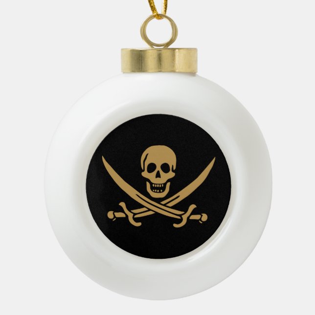 Aztec Gold Skull & Cutlass Pirate Calico Jack Ceramic Ball Christmas Ornament (Front)