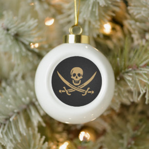 Aztec Gold Skull & Cutlass Pirate Calico Jack Ceramic Ball Christmas Ornament