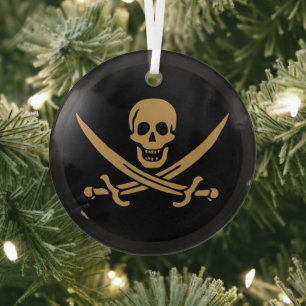 Aztec Gold Skull & Cutlass Pirate Calico Jack Glass Tree Decoration