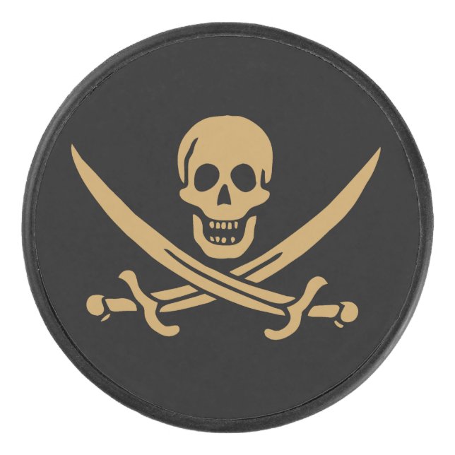 Aztec Gold Skull & Cutlass Pirate Calico Jack Hockey Puck (Front)