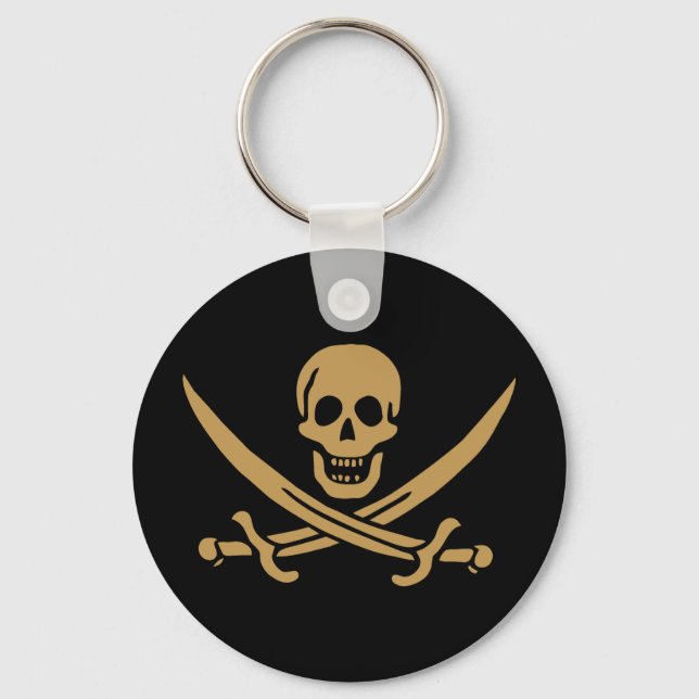 Aztec Gold Skull & Cutlass Pirate Calico Jack Key Ring (Front)