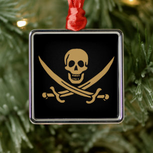 Aztec Gold Skull & Cutlass Pirate Calico Jack Metal Tree Decoration