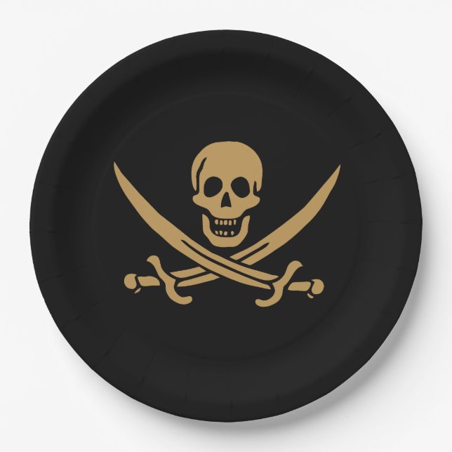 Aztec Gold Skull & Cutlass Pirate Calico Jack Paper Plate (Front)