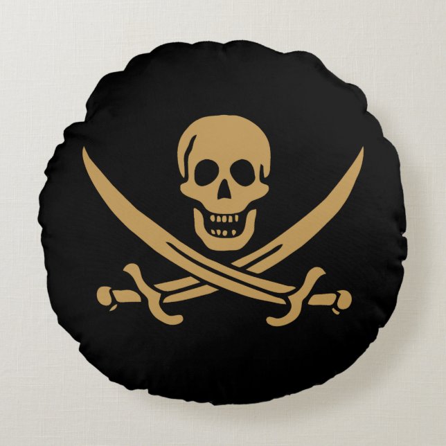 Aztec Gold Skull & Cutlass Pirate Calico Jack Round Cushion (Front)